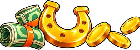 Goldenes Hufeisen mit Geldrollen und Münzen